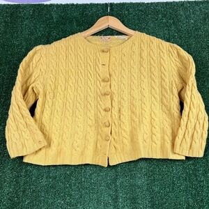 VTG Maggie Shire Women's Yellow Cable Knit Cardigan Sweater Hand Knit Boxy 50s